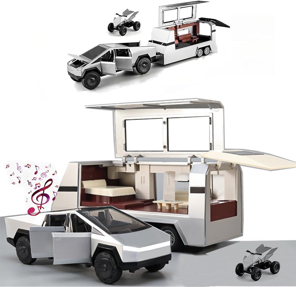 Toy Car Alloy Diecast Truck Model with Motorcycle RV with Sound and Light Eddect Race Car Display Model 1/32 Metal Vehicle 3-in-1 Camping Car Set Ideal Gift for Kid Age for 3+(Silver)