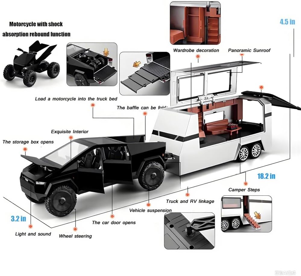 Trucks Toy with RV Motorcycle for Boys Girls Women Men Adult Diecast Metal EV Truck Model Pickup Truck 1/32 Silver Cars Race with Sound and Light Effect Ideal Gift Age for 3 Year and Up - Image 2