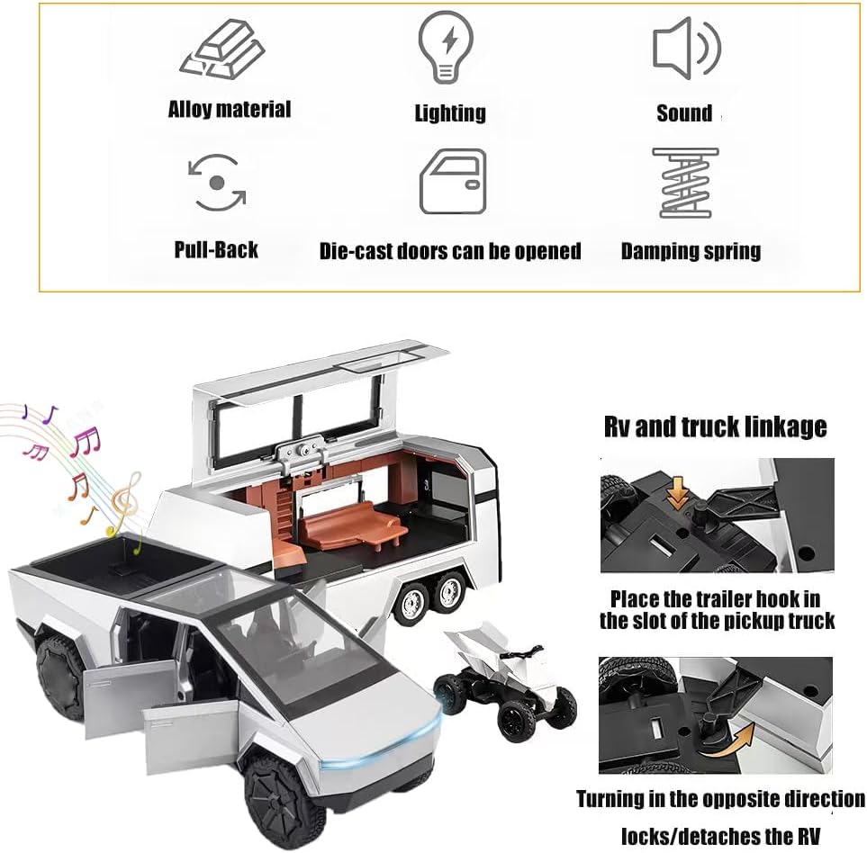 Toy Car Alloy Diecast Truck Model with Motorcycle RV with Sound and Light Eddect Race Car Display Model 1/32 Metal Vehicle 3-in-1 Camping Car Set Ideal Gift for Kid Age for 3+(Silver) - Image 2