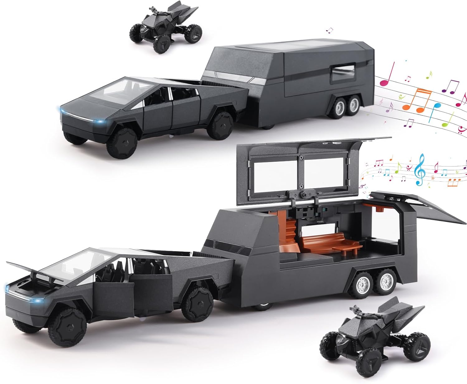 1/32 Alloy Car Trucks Toy Pickup Trailer RV Model Kit with Beach Motorcycle, Diecast Alloy Metal RV Car Model Toys with Sound Light and ll Back Power,Christmas Birthday Gift for Boy Girl-Black