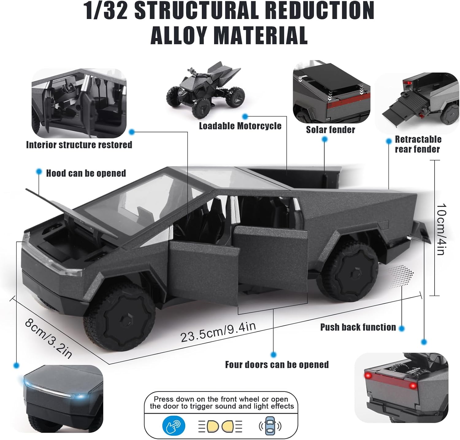 1/32 Alloy Car Trucks Toy Pickup Trailer RV Model Kit with Beach Motorcycle, Diecast Alloy Metal RV Car Model Toys with Sound Light and ll Back Power,Christmas Birthday Gift for Boy Girl-Black - Image 2